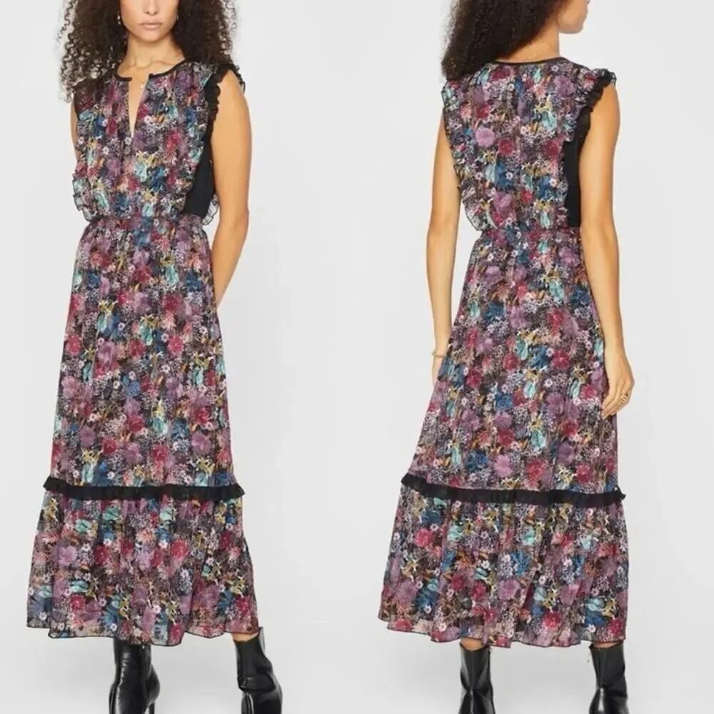 Club Monaco Garden Floral Winter Berry Ruffle Maxi Dress US 10